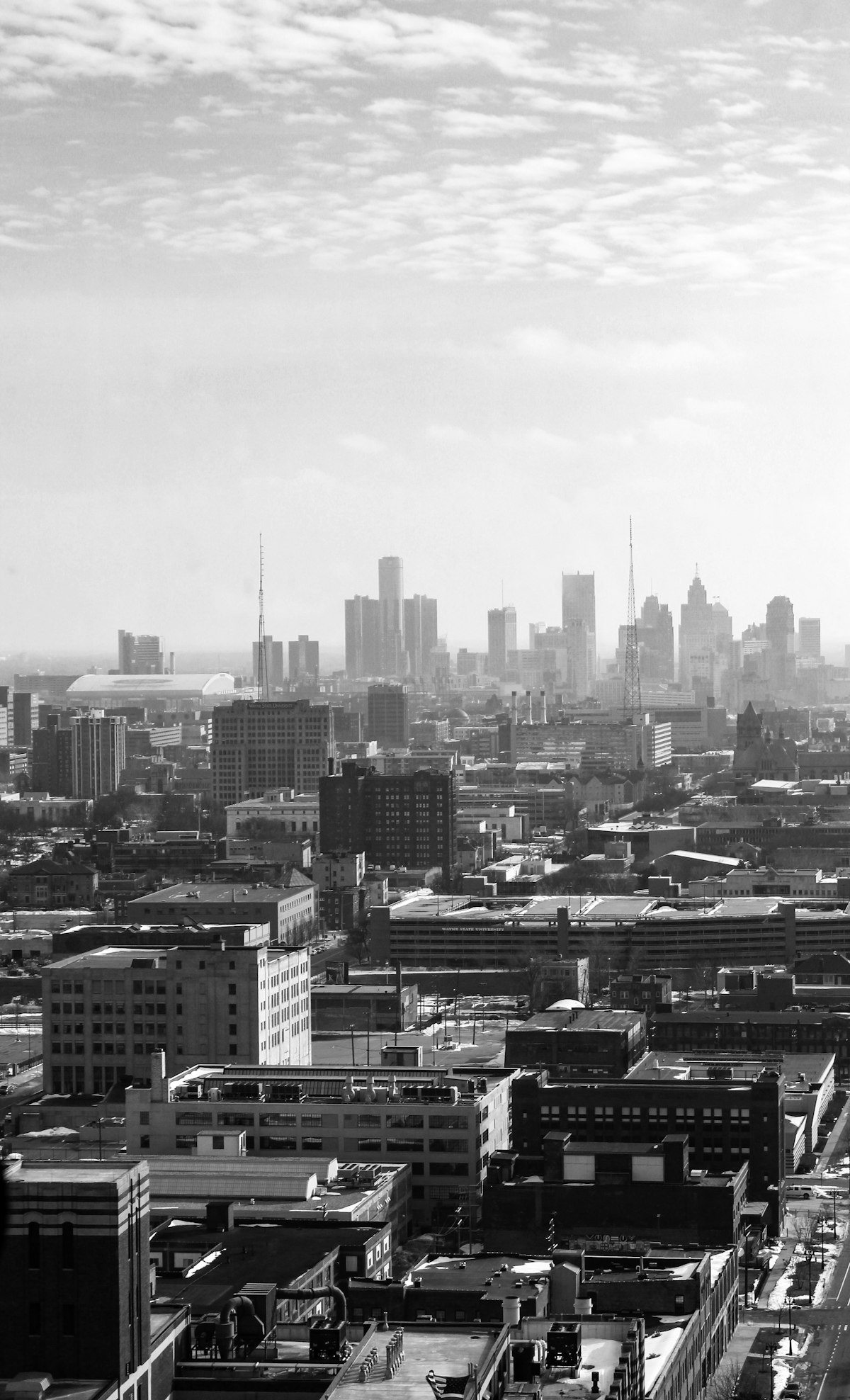 Black and white city buildings