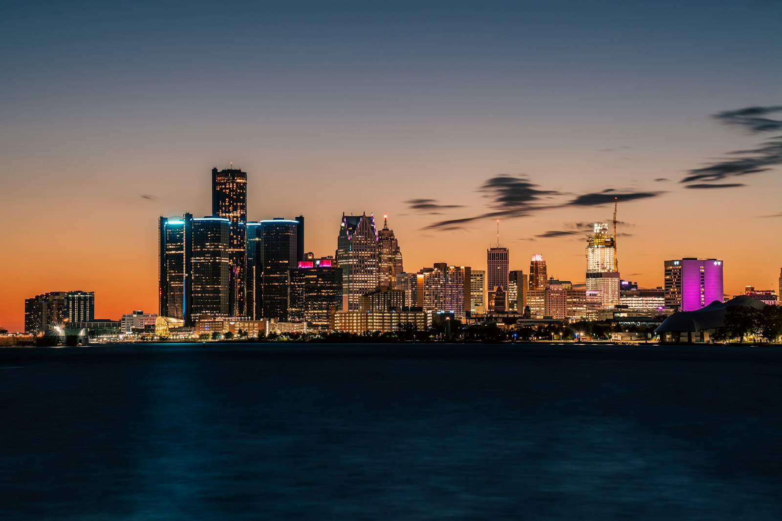 Detroit skyline across the river at night